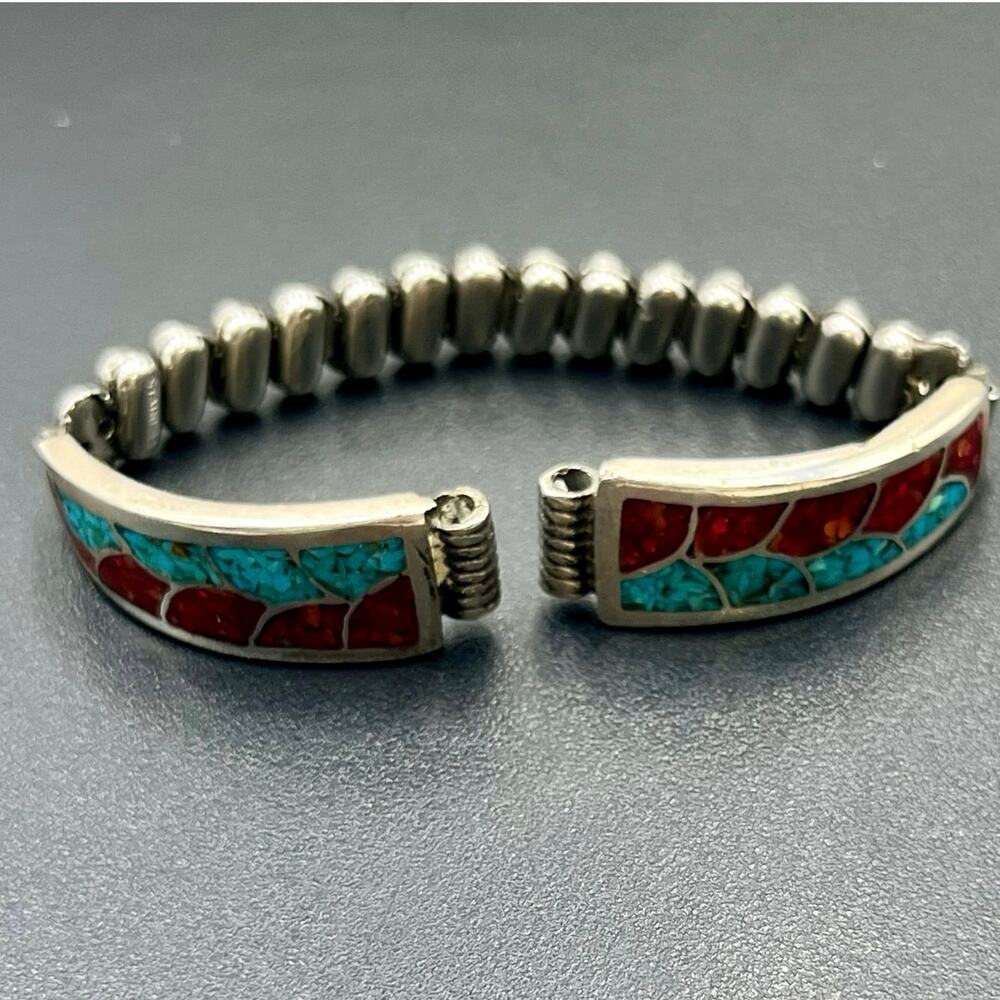 Vintage Native‎ American Sterling Turquoise Coral Expandable Watch Band Bracelet